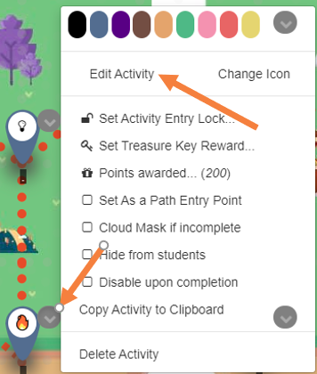 Tevékenység menüje az Edit Activity és Delete Activity lehetőséggel