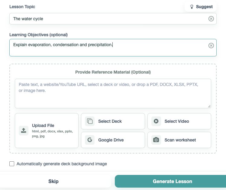 Opção Select Deck no Lesson Creation Wizard