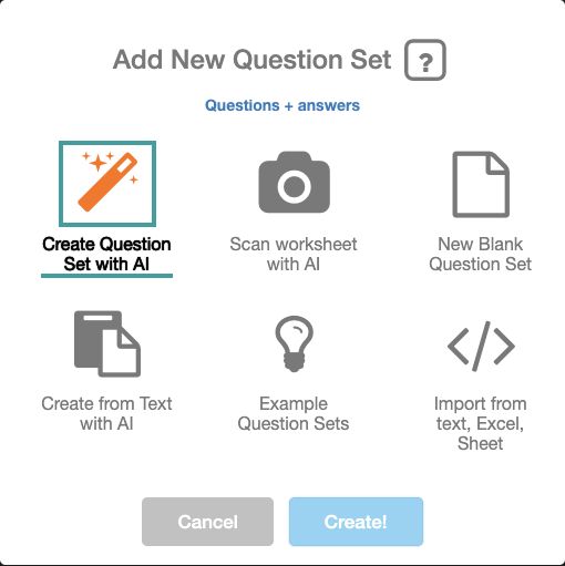 Optionen zum Erstellen eines Question Set im Deck Builder