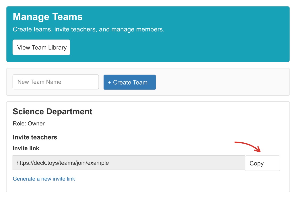 Manage Teams showing where to create a Team and invite teachers