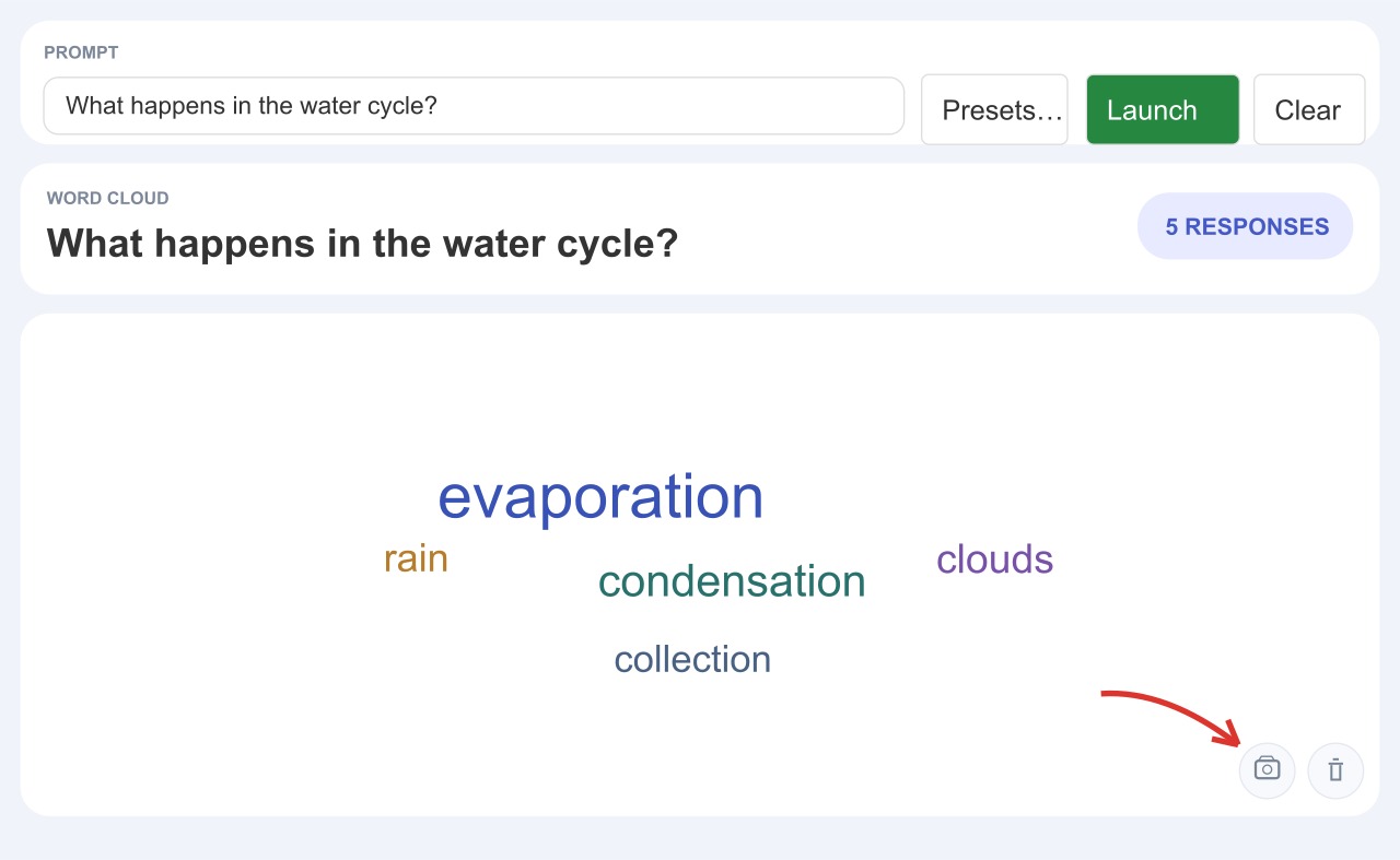 Vista insegnante di Word Cloud con una domanda e risposte d'esempio